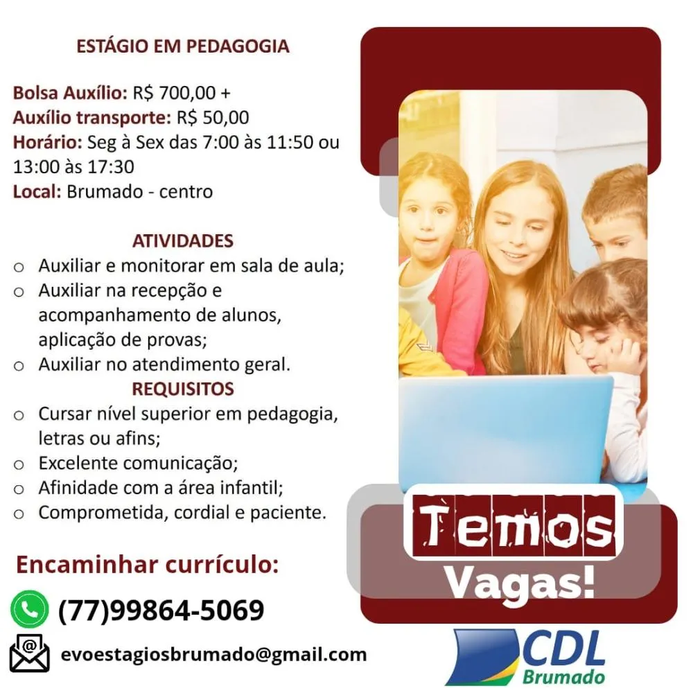 Oportunidade de estágio em Pedagogia está disponível em Brumado