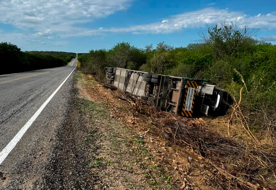 Cegonha carregada de veículos tomba na BR-030