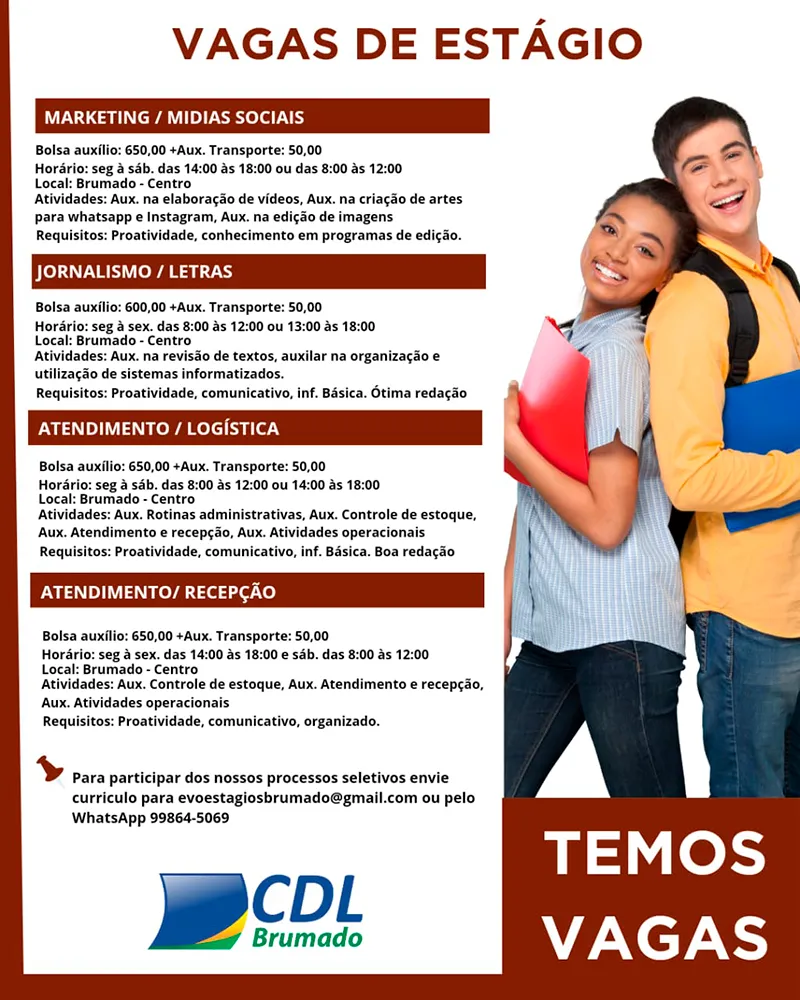 CDL de Brumado anuncia vagas de Estágio para estudantes de diversos Níveis de Ensino