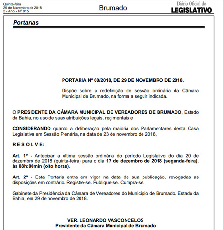  Câmara de Vereadores de Brumado - Portaria Nº 060/2018
