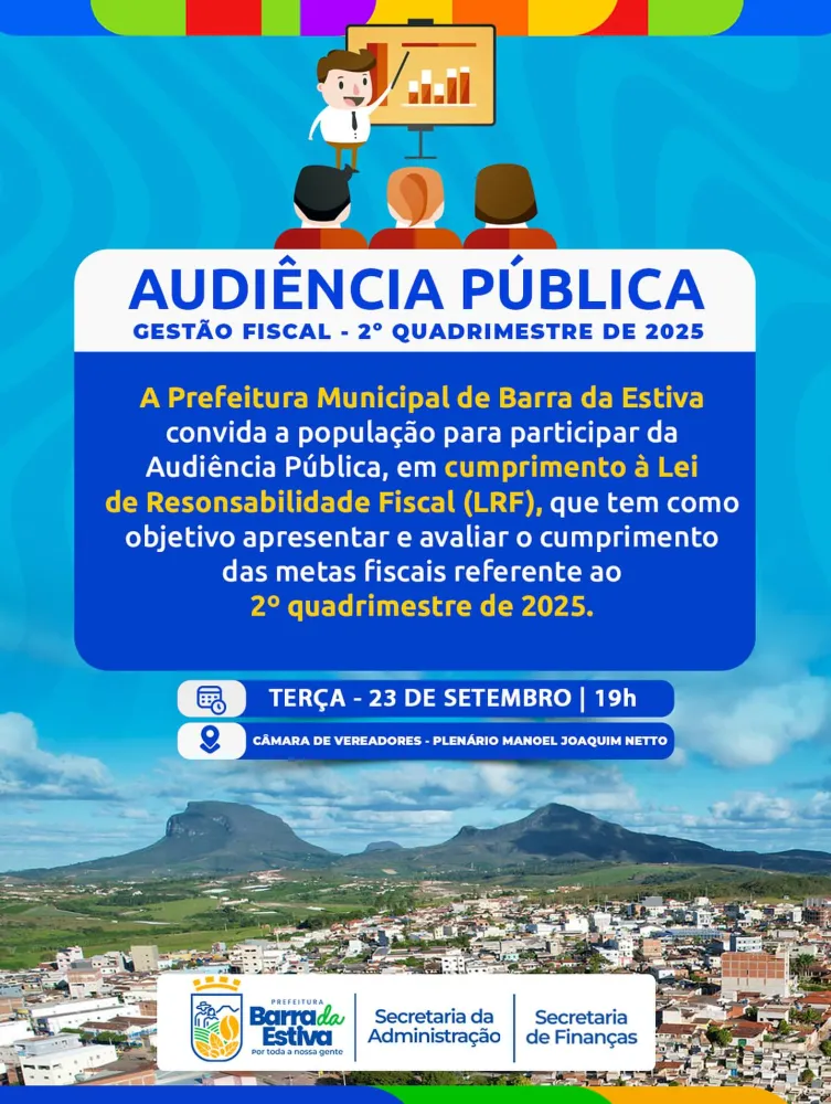 Prefeitura de Barra da Estiva realizará audiência pública para apresentação de metas fiscais do 2º quadrimestre