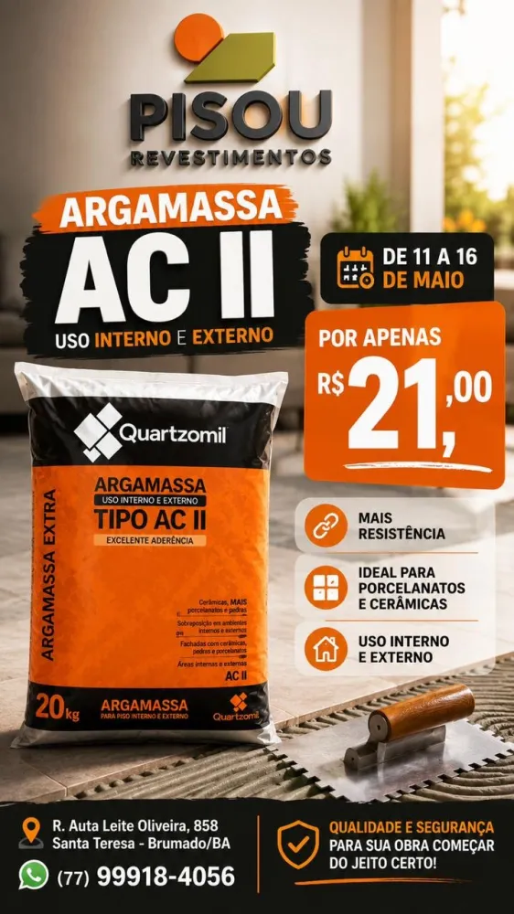 Pisou Revestimentos lança promoção especial de argamassa AC II