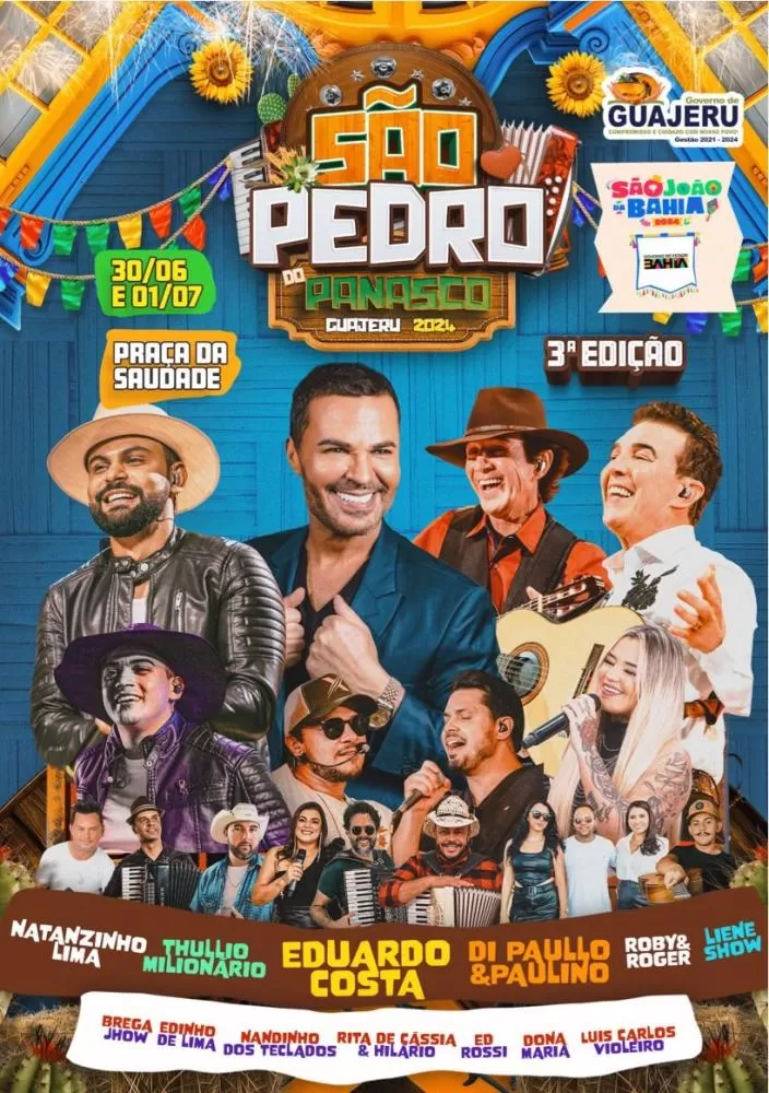 São Pedro do Panasco em Guajeru promete dois dias de festa com Eduardo Costa, Di Paulo e Paulino e outras grandes atrações