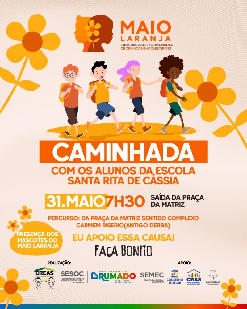 Caminhada do Maio Laranja será realizada neste sábado (31), em combate o abuso e a exploração sexual de crianças e adolescentes