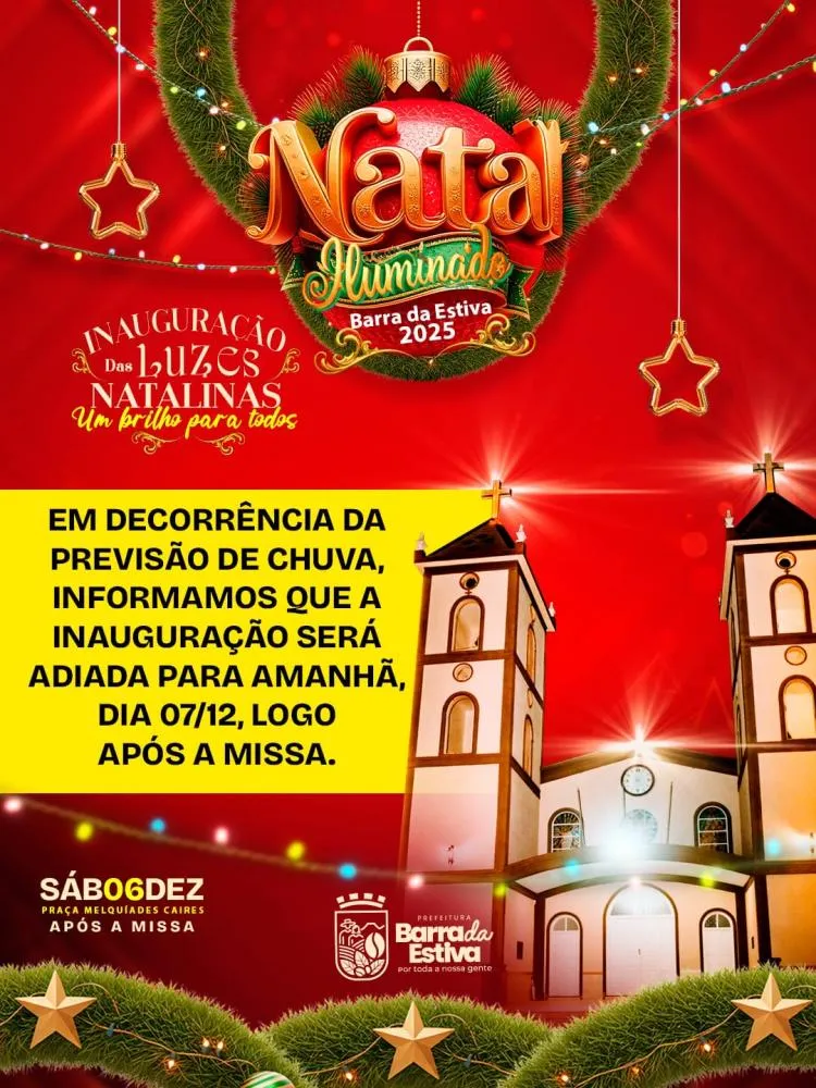 Prefeitura adia inauguração do Natal Iluminado em Barra da Estiva devido à previsão de chuva