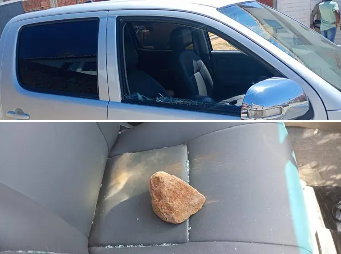 Toyota Hilux é danificada após homem arremessar pedra contra veículo em Guanambi
