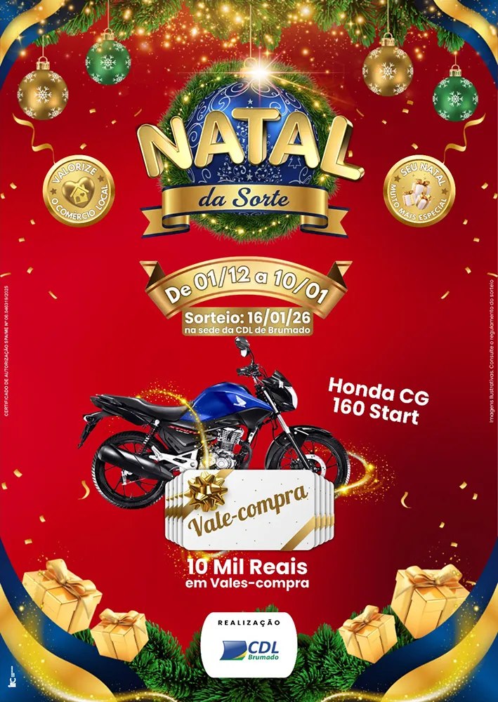 CDL Brumado lança edição 2025 do Natal da Sorte com moto e R$ 10 mil em vale-compras