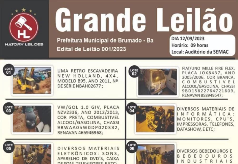 Prefeitura de Brumado Promove Leilão de Equipamentos e Veículos