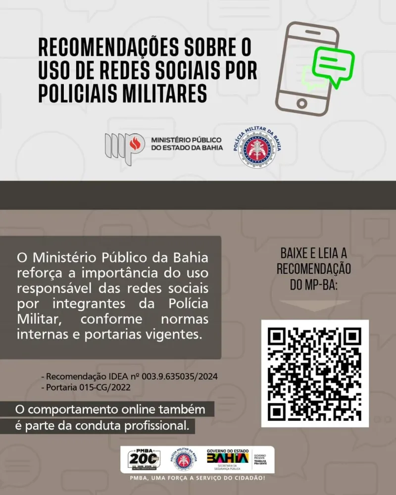 Recomendação do MP-BA orienta PMBA sobre limites e cuidados nas redes sociais