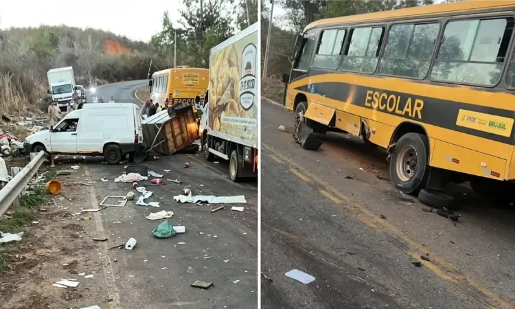 Acidente envolvendo Fiorino e ônibus escolar é registrado na entrada em 