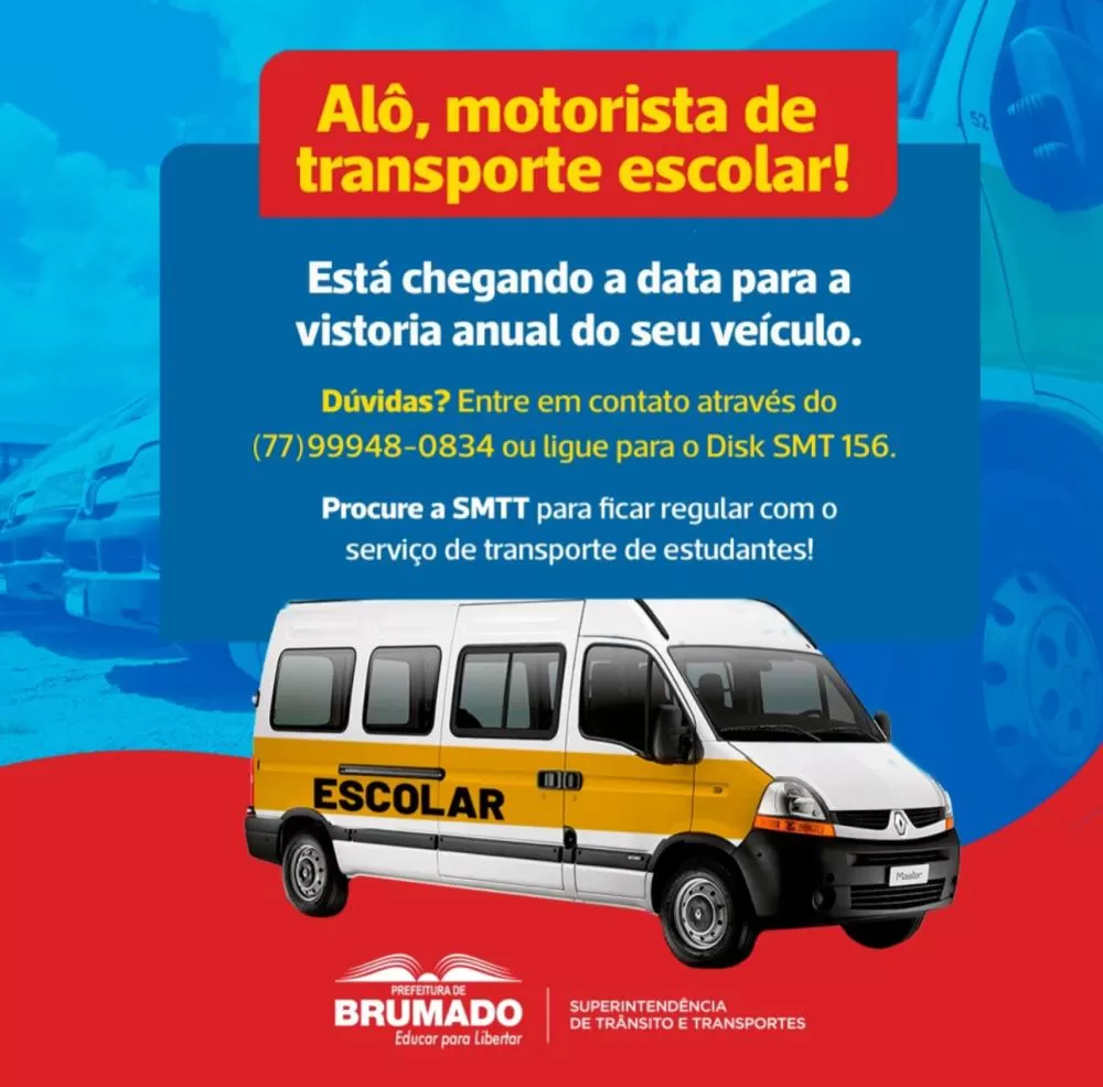 Superintendência de Trânsito de Brumado convoca motoristas para vistoria anual no transporte escolar
