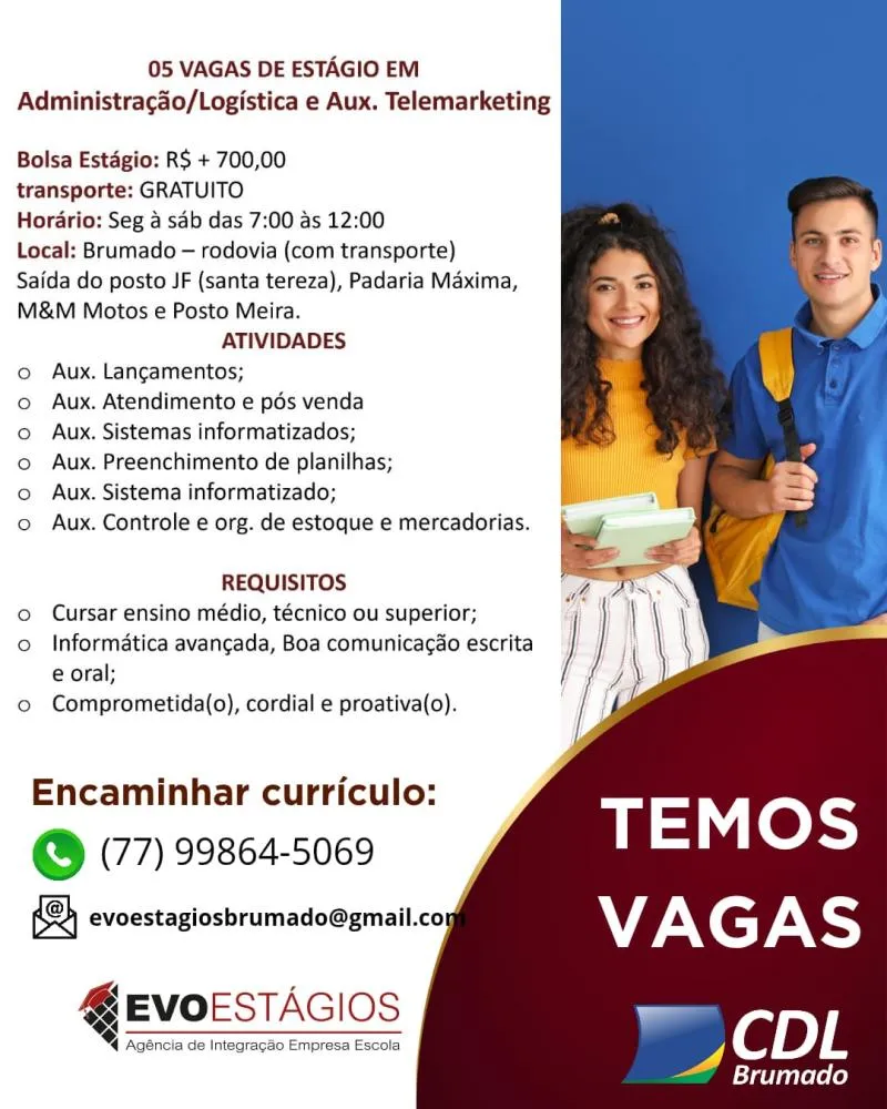 Oportunidade de Estágio: Administração, Logística e Telemarketing em Brumado
