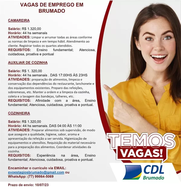 Vagas de emprego em Brumado: Oportunidades para Camareira, Auxiliar de Cozinha e Cozinheira