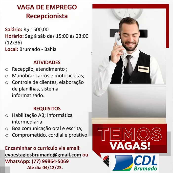  Oportunidade de Emprego em Brumado: Vaga para recepcionista