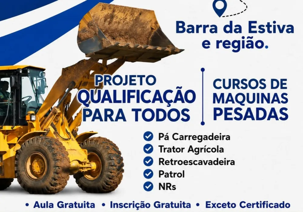 Barra da Estiva abre inscrições para cursos gratuitos de qualificação em máquinas pesadas