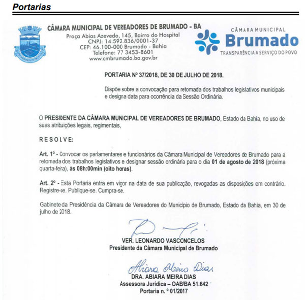 Câmara de Vereadores de Brumado - Portaria N° 37/2018