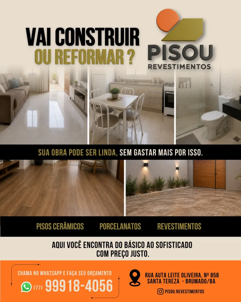 Pisou Revestimentos é opção para quem busca pisos e revestimentos em Brumado