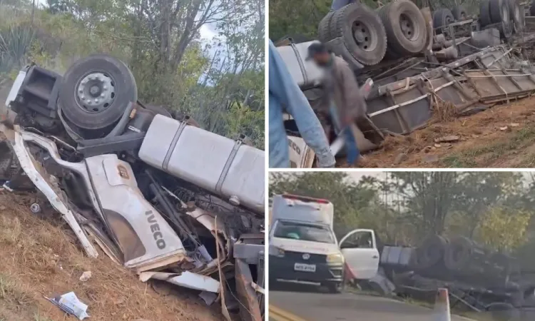 Carreta carregada de cimento capota na BA-122, em Iraquara, e motorista fica preso às ferragens