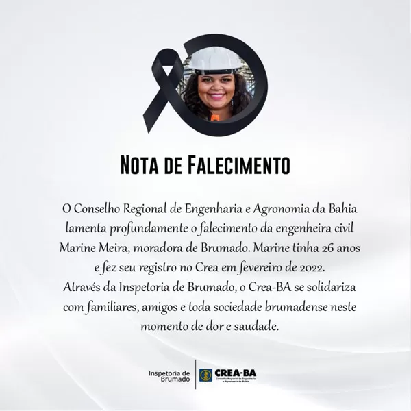 O Crea-BA lamenta profundamente o falecimento da jovem engenheira Marine Meira de Brumado