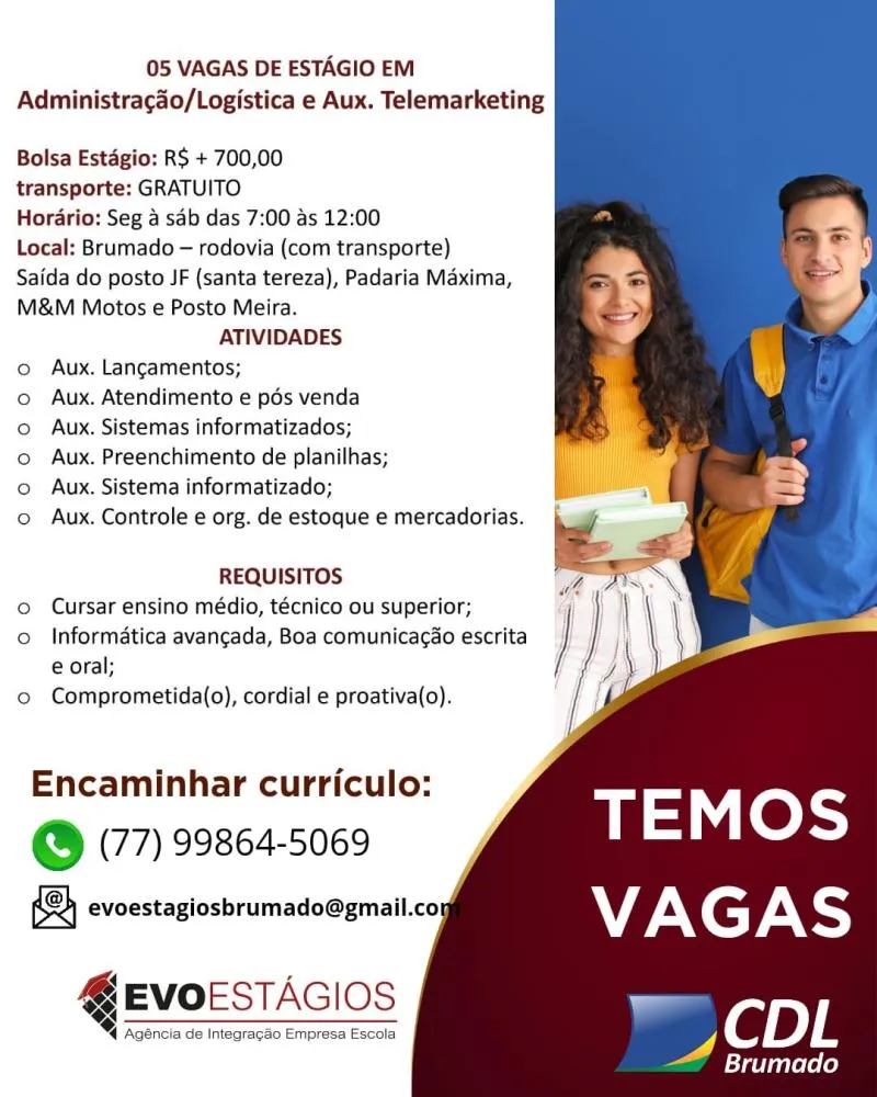 Oportunidade de estágio: cinco vagas abertas em Administração, Logística e Telemarketing em Brumado