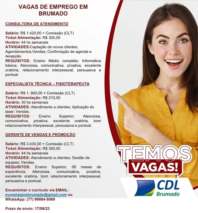 Brumado: Vagas abertas para Consultora de Atendimento, Especialista Técnica - Fisioterapeuta e Gerente de Vendas e Promoção