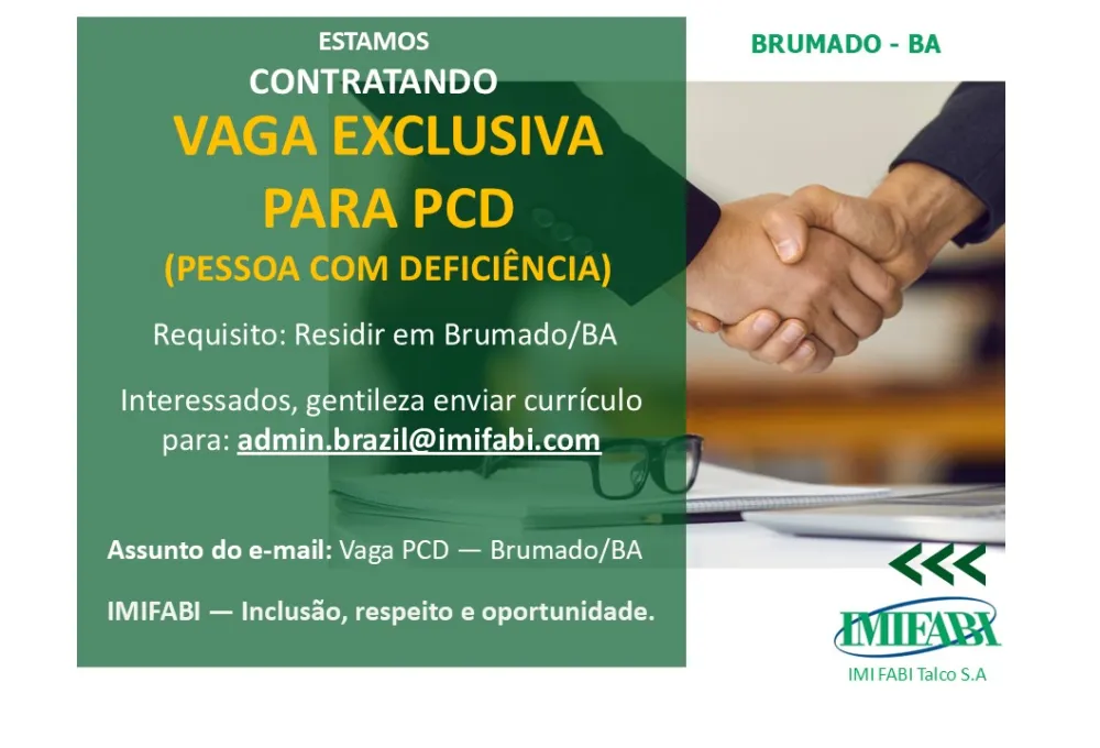 Empresa abre vaga exclusiva para PCD em Brumado