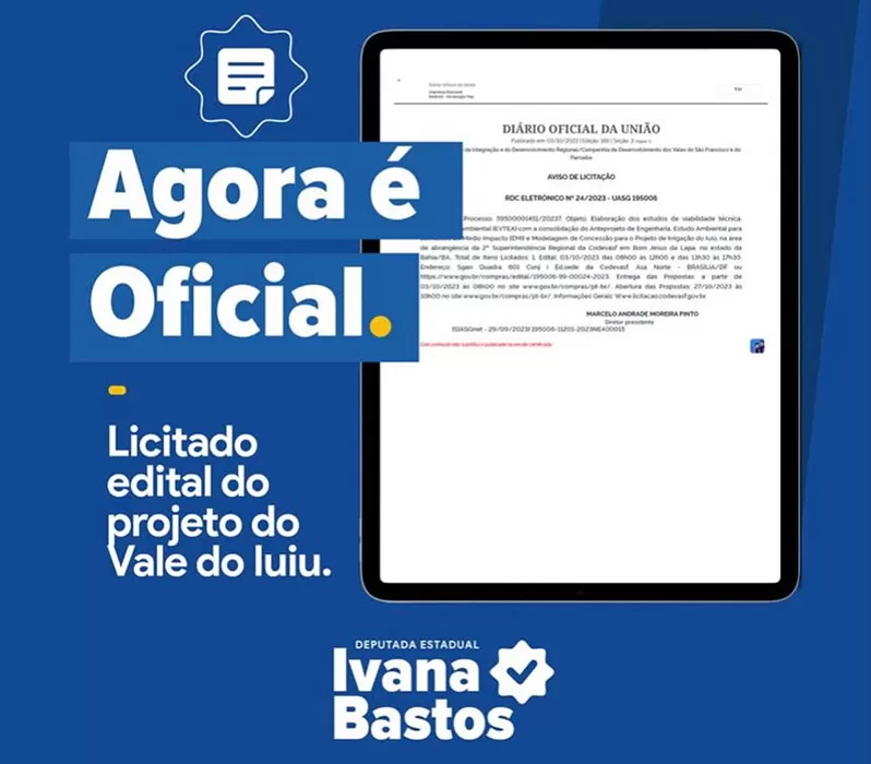 Aviso de Licitação para o Projeto de Irrigação do Vale do Iuiu é publicado