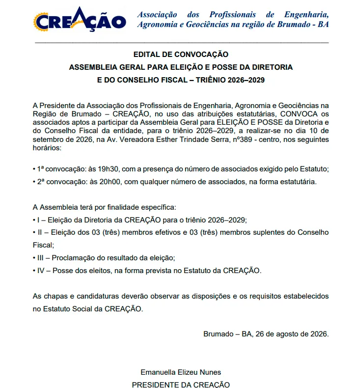 CREAÇÃO convoca associados para eleição da nova diretoria e Conselho Fiscal em Brumado