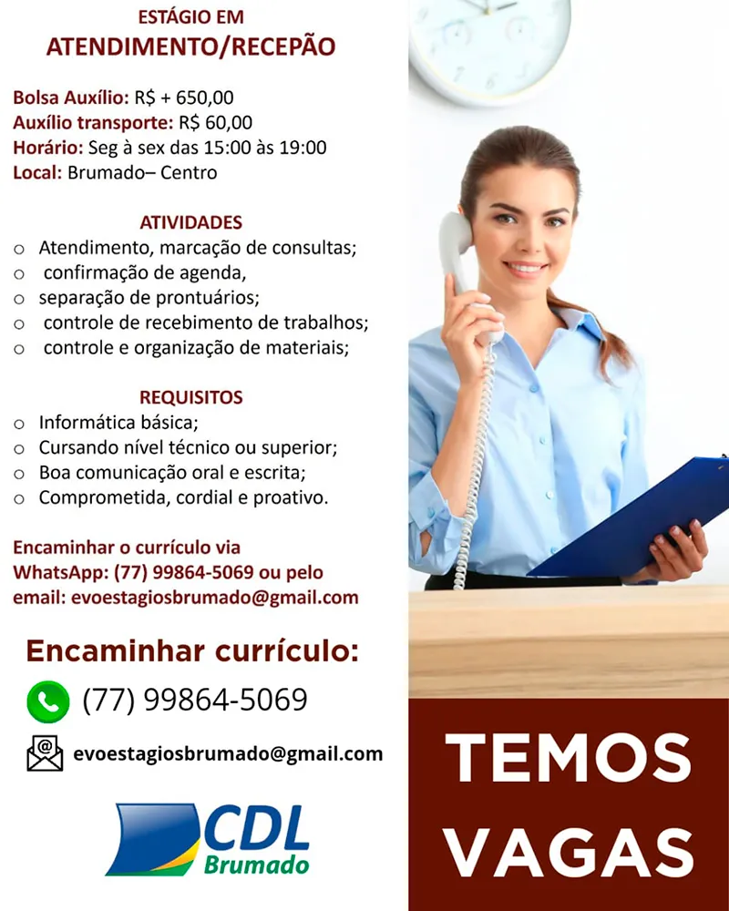 Oportunidade de Estágio em Atendimento e Recepção em Brumado