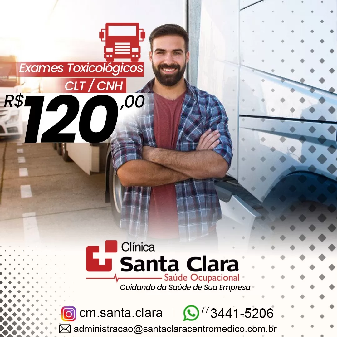 Realize seu Exame Toxicológico na Clínica Santa Clara por somente R$ 120 reais
