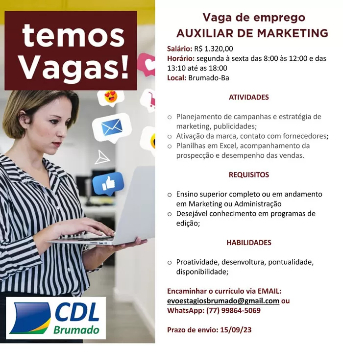 Oportunidade de Emprego: Auxiliar de Marketing em Brumado