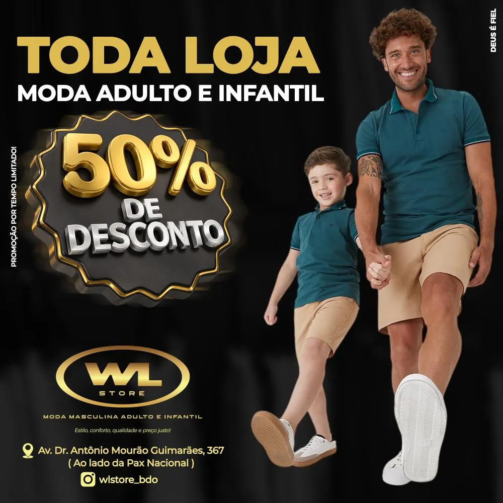WL Store lança promoção com 50% de desconto em todas as peças de moda masculina
