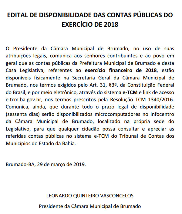 Edital de Disponibilidade das Contas Públicas do Exercício de 2018