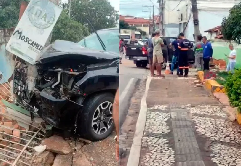 Caminhonete colide contra poste e provoca apagão no centro de Livramento de Nossa Senhora
