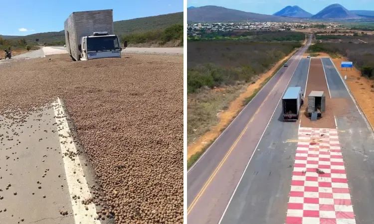 Caminhão carregado de melancias perde os freios e usa área de escape na BA-142, em Ituaçu