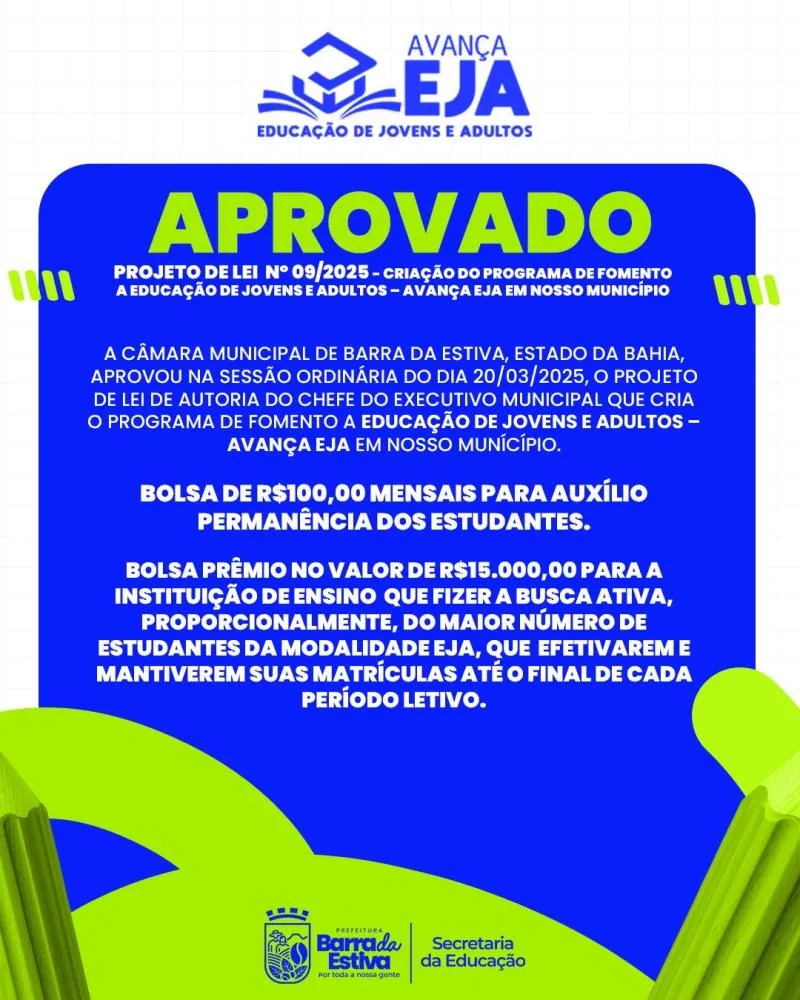 Câmara Municipal Aprova Projeto de Lei para Fomento à Educação de Jovens e Adultos em Barra da Estiva