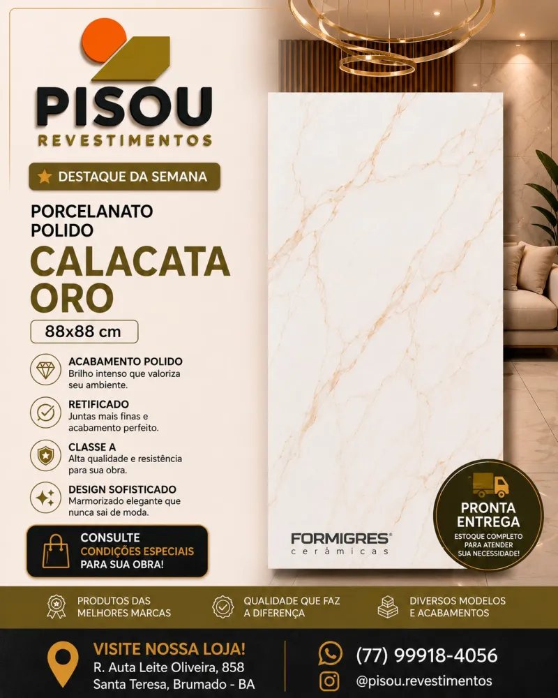 Elegância e qualidade: conheça o porcelanato Calacata Oro disponível na Pisou Revestimentos