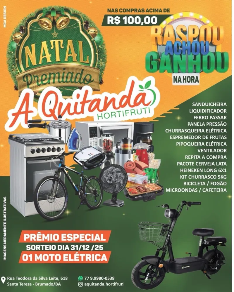 A Quitanda Hortifruti lança campanha “Natal Premiado” com sorteio de moto elétrica e vários prêmios instantâneos em Brumado