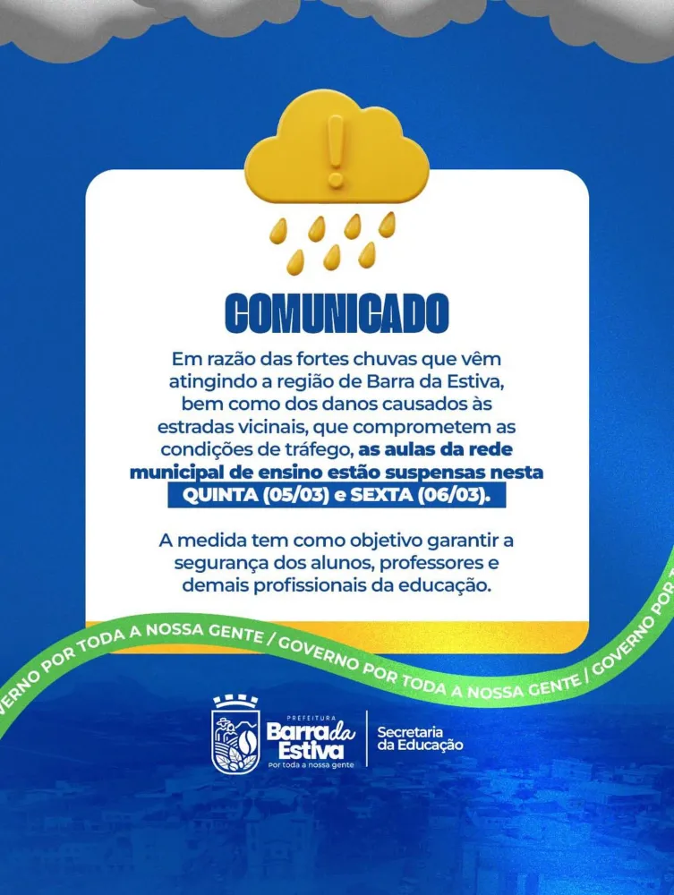 Prefeitura de Barra da Estiva anuncia suspensão das aulas por causa das chuvas