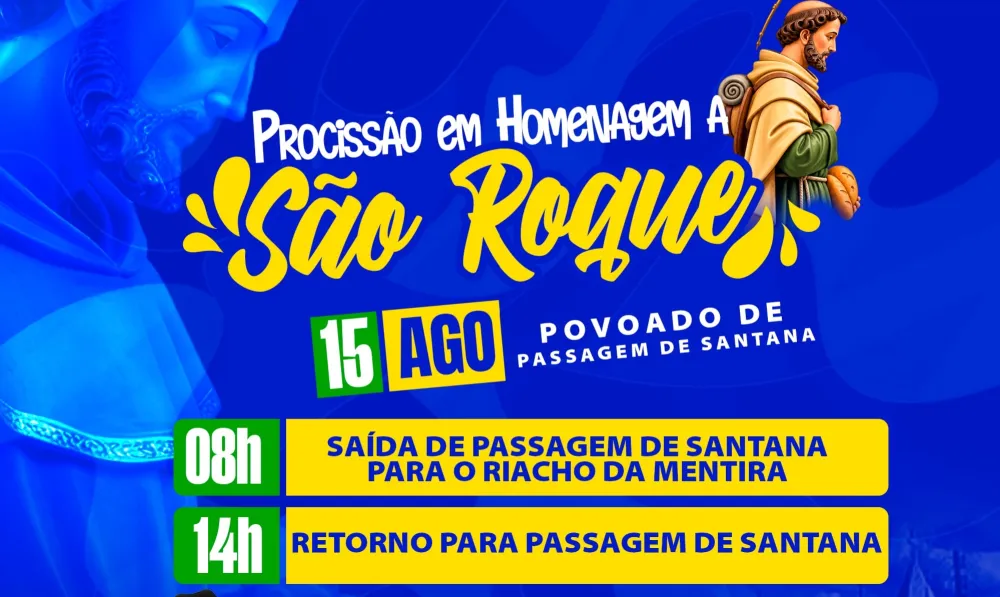 Festa de São Roque acontece em 15 de agosto com procissão e show de Ciel Rocha em Barra da Estiva