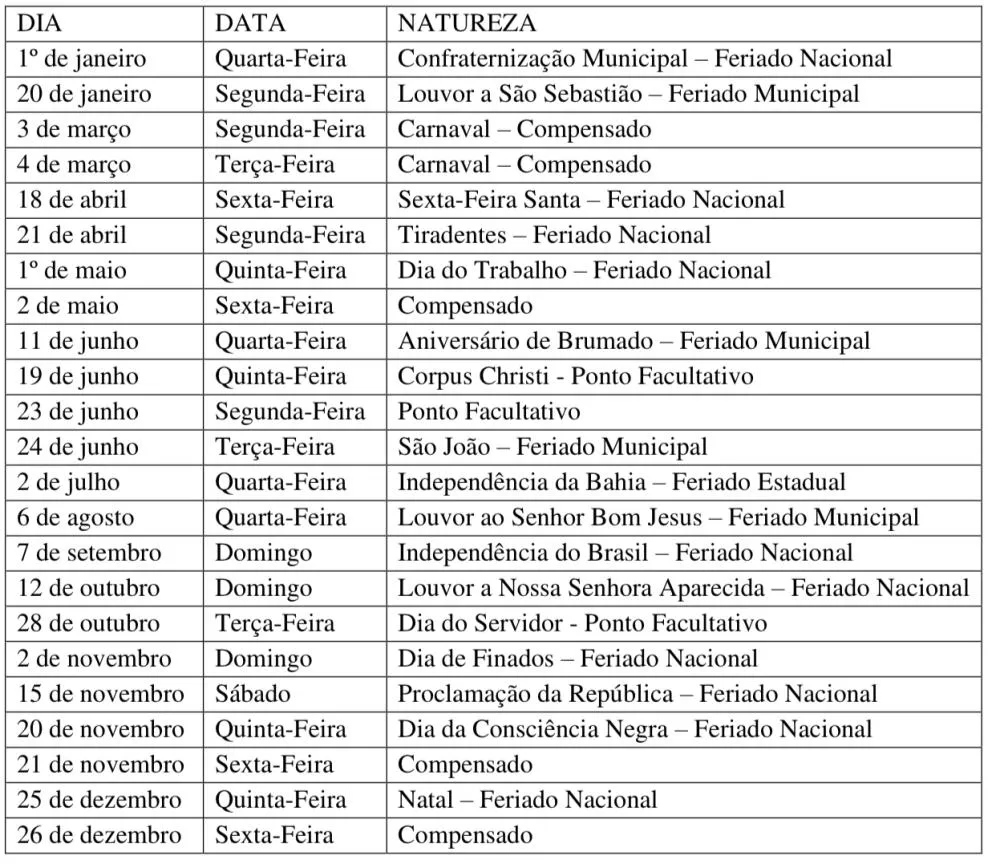 Prefeitura de Brumado divulga calendário de feriados e dias compensados para 2025