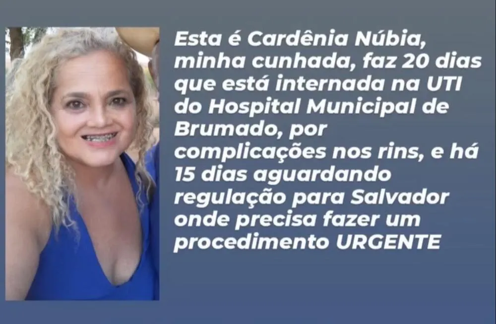 Família solicita apoio para transferência de Cardênia Núbia, internada na UTI de Brumado