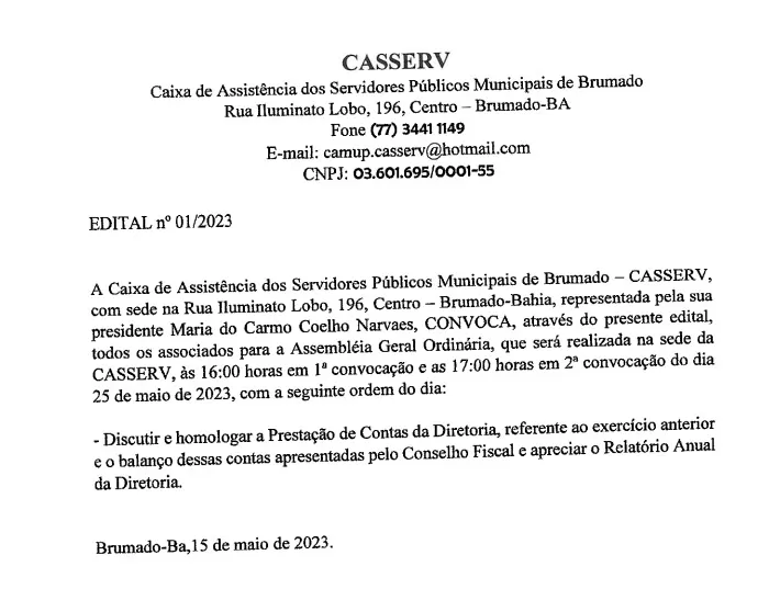 Brumado: CASSERV convoca associados para Assembleia Geral Ordinária e prestação de contas