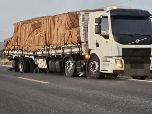 Pneu de caminhão estoura e veículo interdita parcialmente rodovia na saída de Guanambi