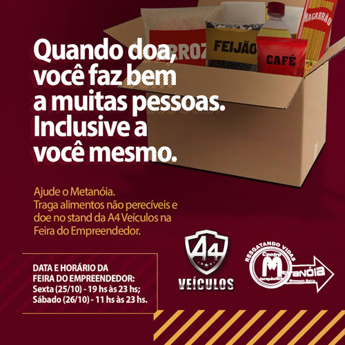 A4 Veiculos realizará a ação 'Empreendedorismo combina com solidariedade' durante a Feira do Empreendedor, em Brumado