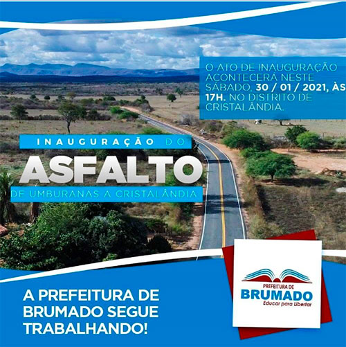 Brumado: Prefeitura inaugurará asfalto de Umburanas a Cristalândia