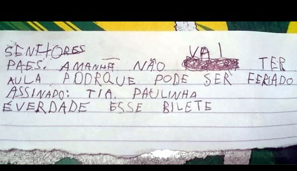 'Pode ser feriado': Menino de 5 anos manda bilhete em nome da professora para não ir à escola