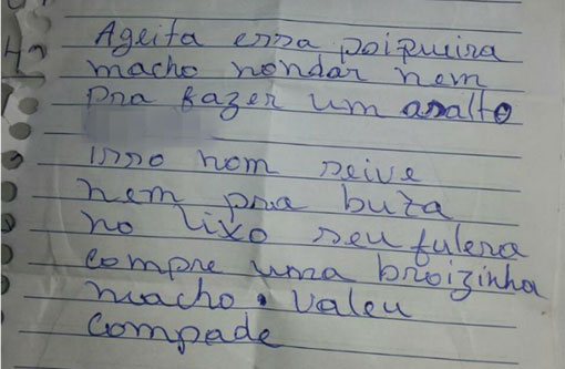Ladrão abandona moto roubada e deixa carta de desprezo: 'porqueira'
