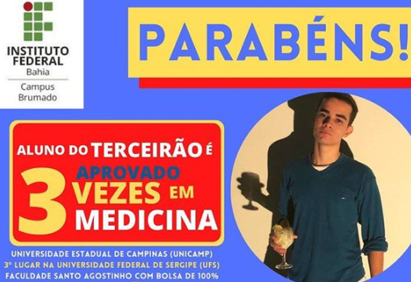 Brumado: Aluno do IFBA é aprovado em três unidades de ensino para o Curso de Medicina