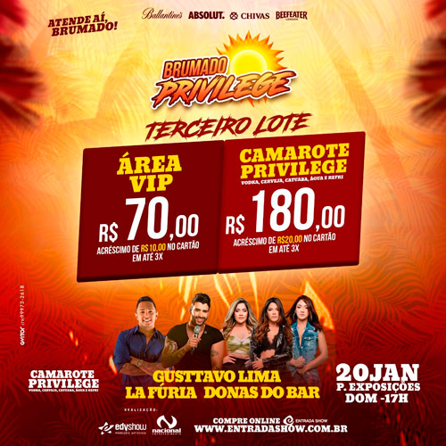 Brumado Privilege com Gusttavo Lima, La Fúria e Donas Bar é neste domingo (20); ingressos no terceiro lote já à venda